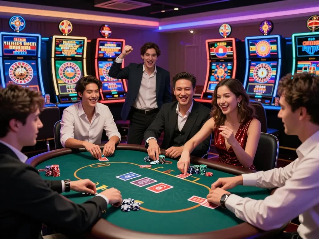 Engaged players enjoying Onbet88 online gambling experience in a vibrant casino environment.