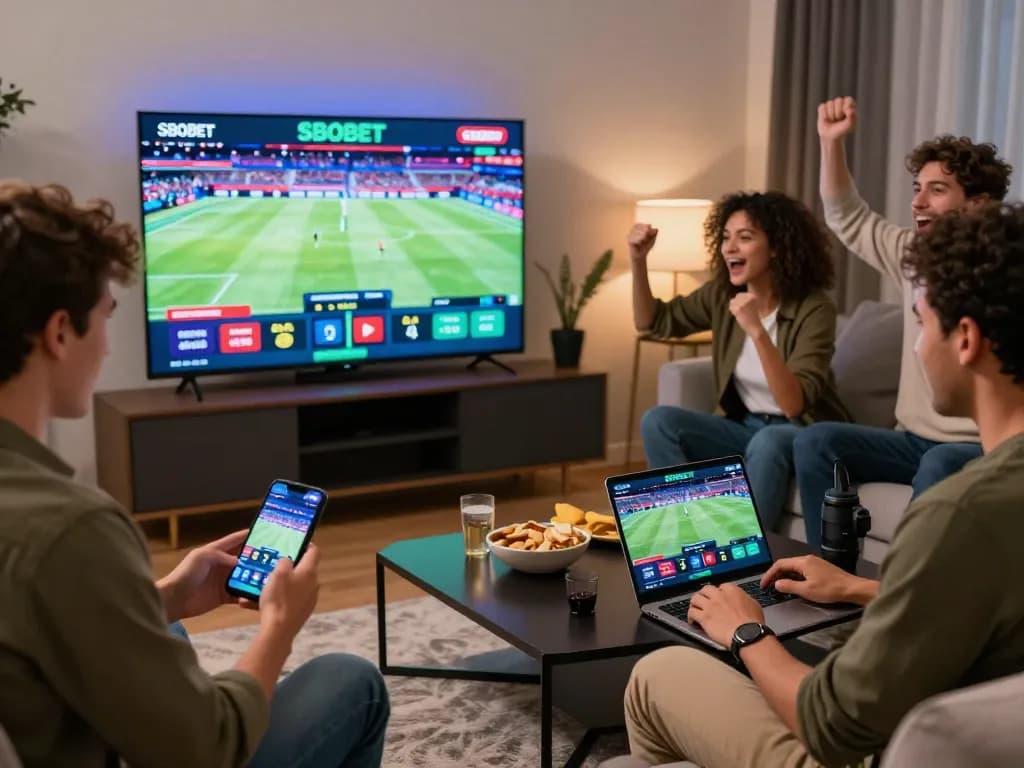 Friends enjoying SBOBET sports betting together in a vibrant living room.