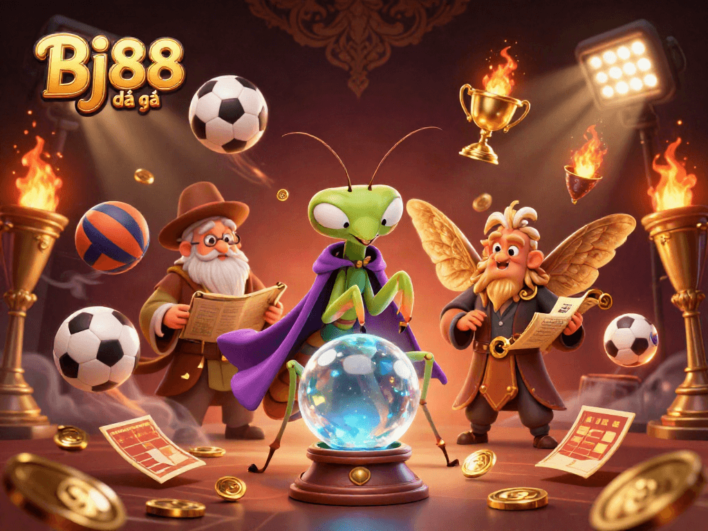 Bj88 đá gà showcases a mystical scene with a fortune teller and sports elements symbolizing betting excitement.