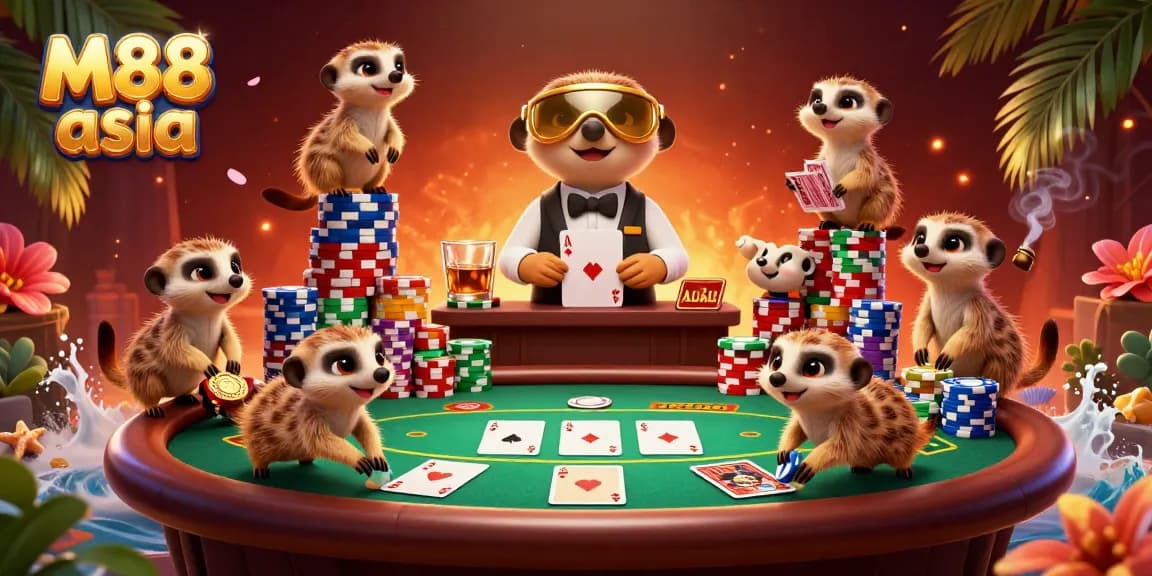 Experience M88 asia with a meerkat-themed casino, featuring card games and colorful poker chips.