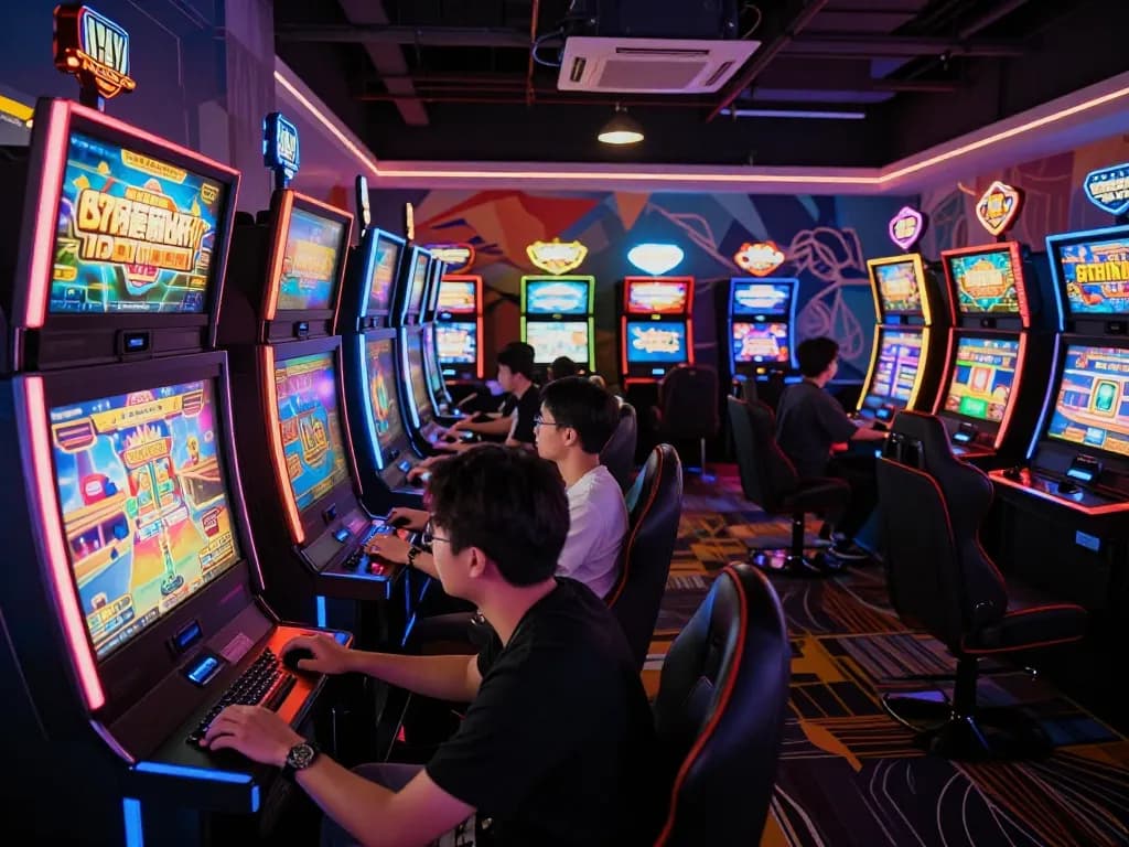 Players engaging with du88 slot machines in a vibrant gaming lounge, excitement and neon lights illuminating the scene.