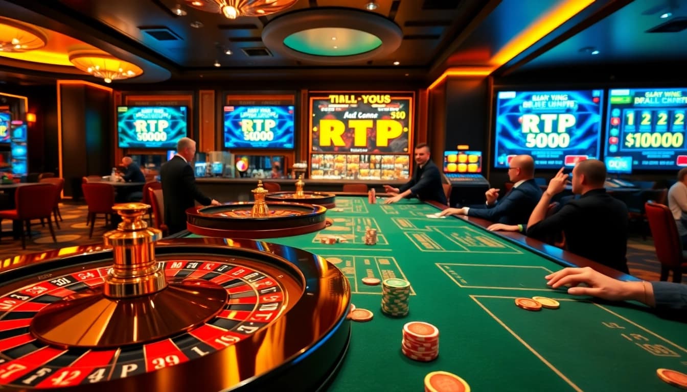 Players enjoying Pragmatic Play slot machines in a luxurious casino setting with live RTP updates.