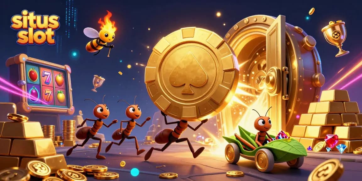 Capture excitement with a 3D illustration of ants carrying a giant poker chip in a vibrant situs slot scene.