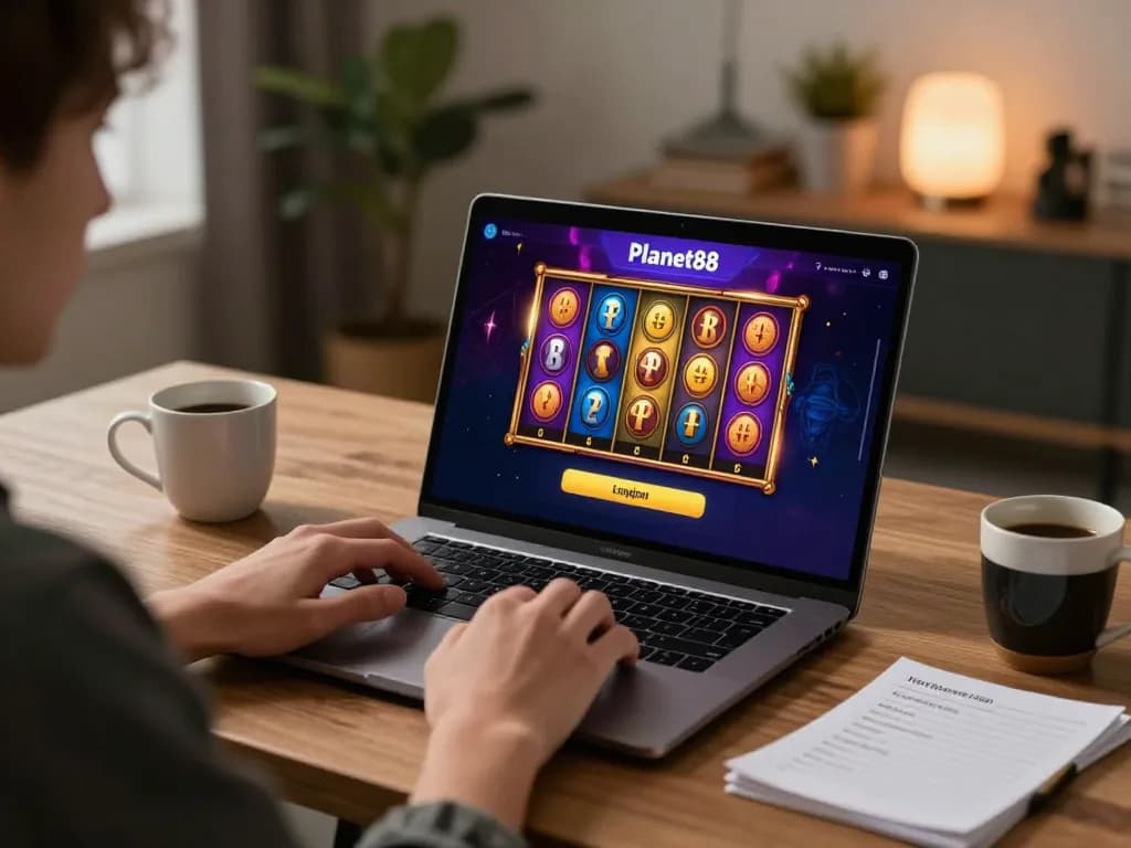 Engaging in mobile Planet88 login while playing exciting slot games at home.