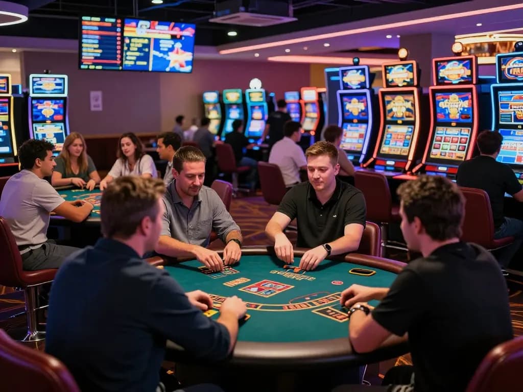 Engaging casino gaming scene with players immersed in various games, highlighting 79King atmosphere.