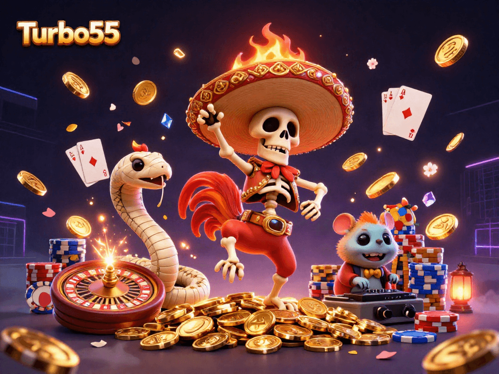 Turbo55 showcases a dynamic 3D casino scene with a mariachi rooster, mummy snake, and DJ hamster surrounded by vibrant game elements.