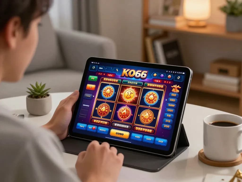 Người chơi tương tác với ứng dụng casino KO66 trên máy tính bảng trong không gian ấm cúng tại nhà, trình bày giao diện trò chơi slot thú vị.