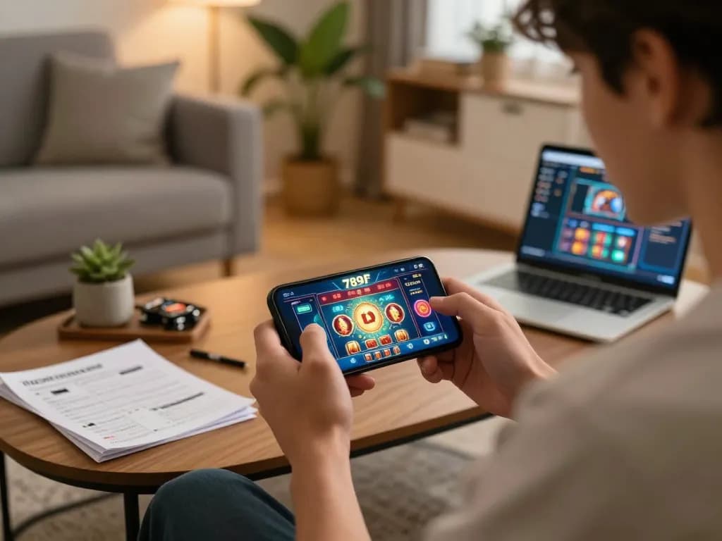 Player strategizing while using the 789f mobile app in a cozy home environment.