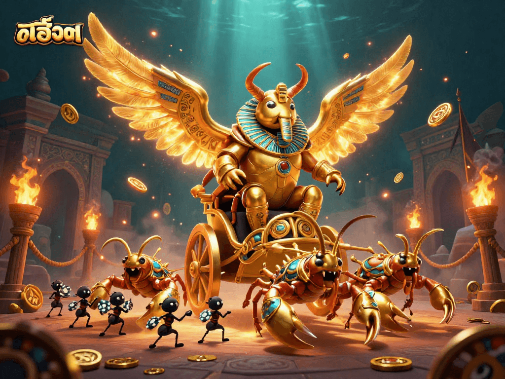 Experience the thrilling excitement of สล็อต with a golden scarab beetle leading jewel-encrusted scorpions in a dynamic casino battle scene.