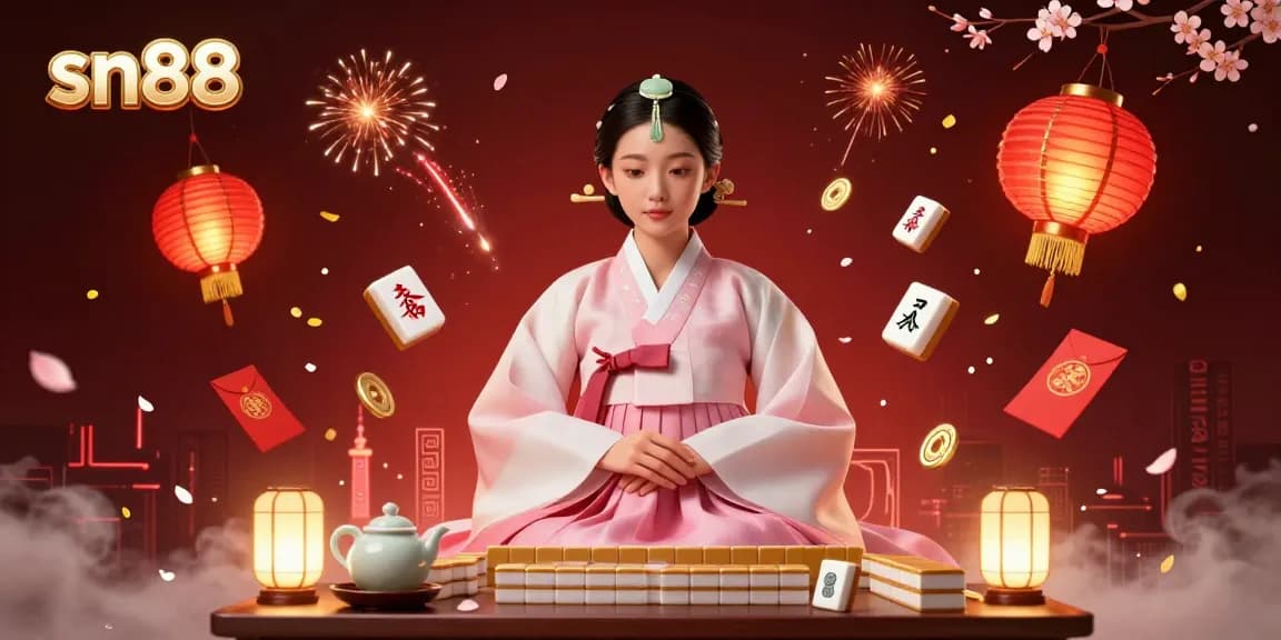 Experience elite gaming with sn88's vibrant 3D casino illustration showcasing a serene player among mahjong tiles.