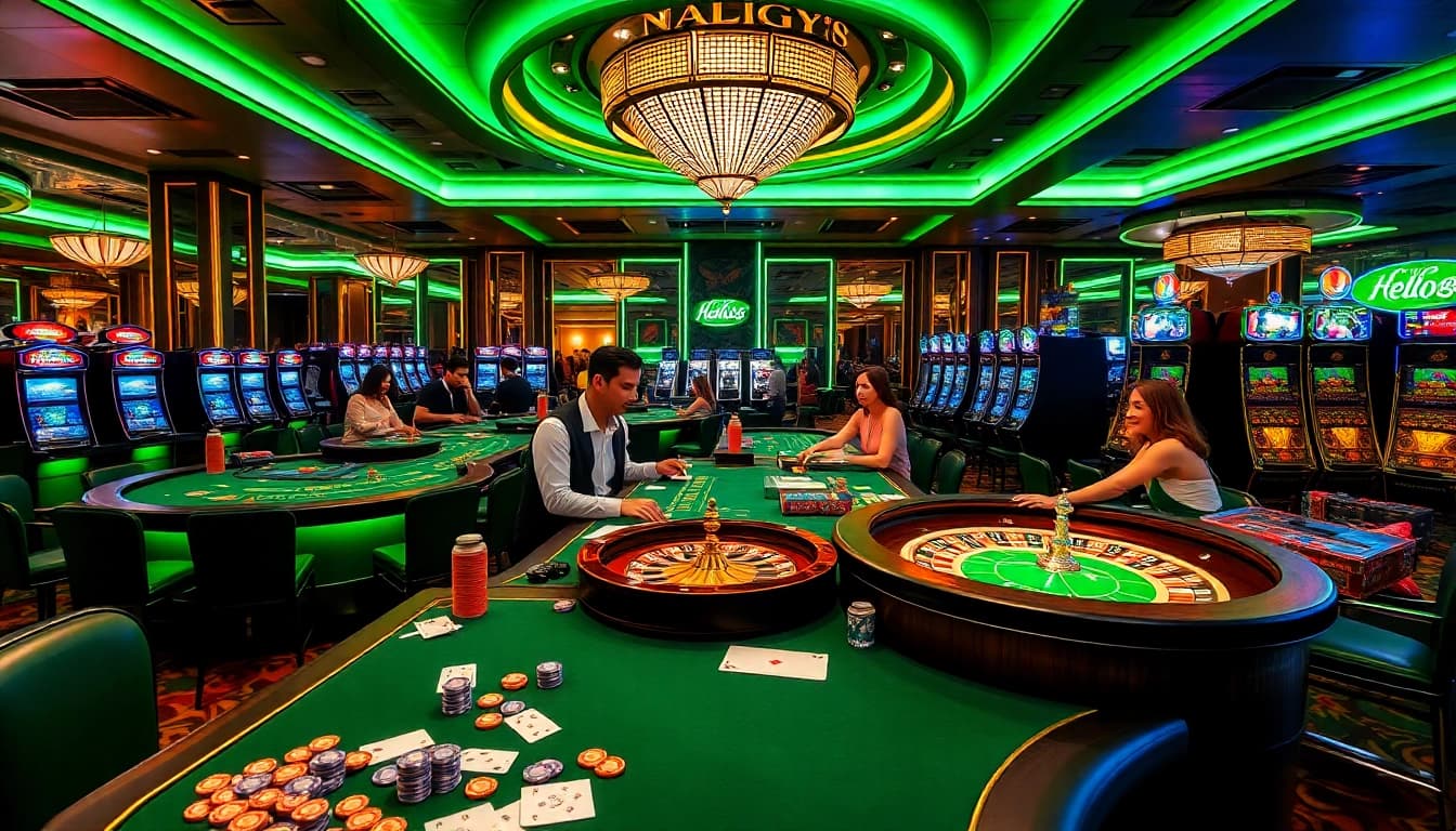 Hello88 players enjoying an exciting gaming experience at a vibrant casino table with chips and cards.