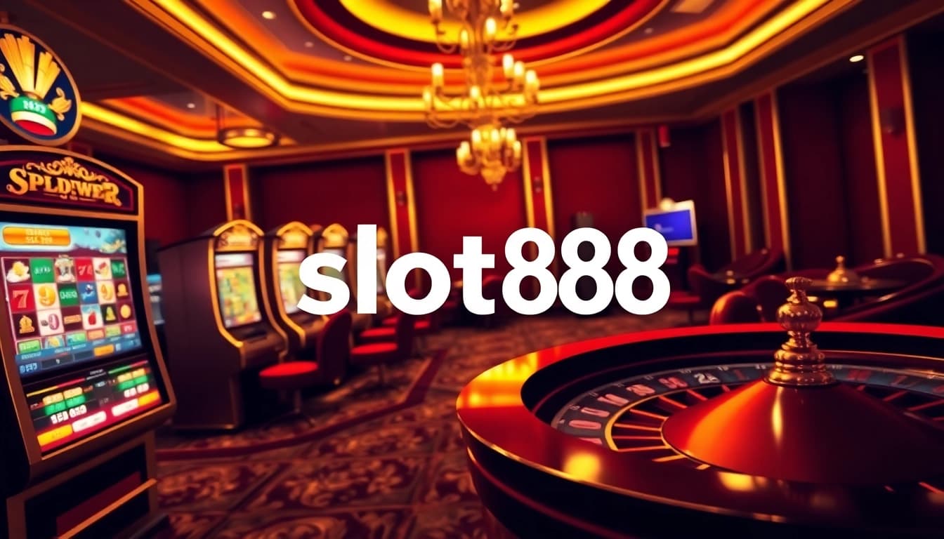 Rasakan sensasi slot88 dengan visual permainan kasino yang cerah menampilkan mesin slot dan chip poker.