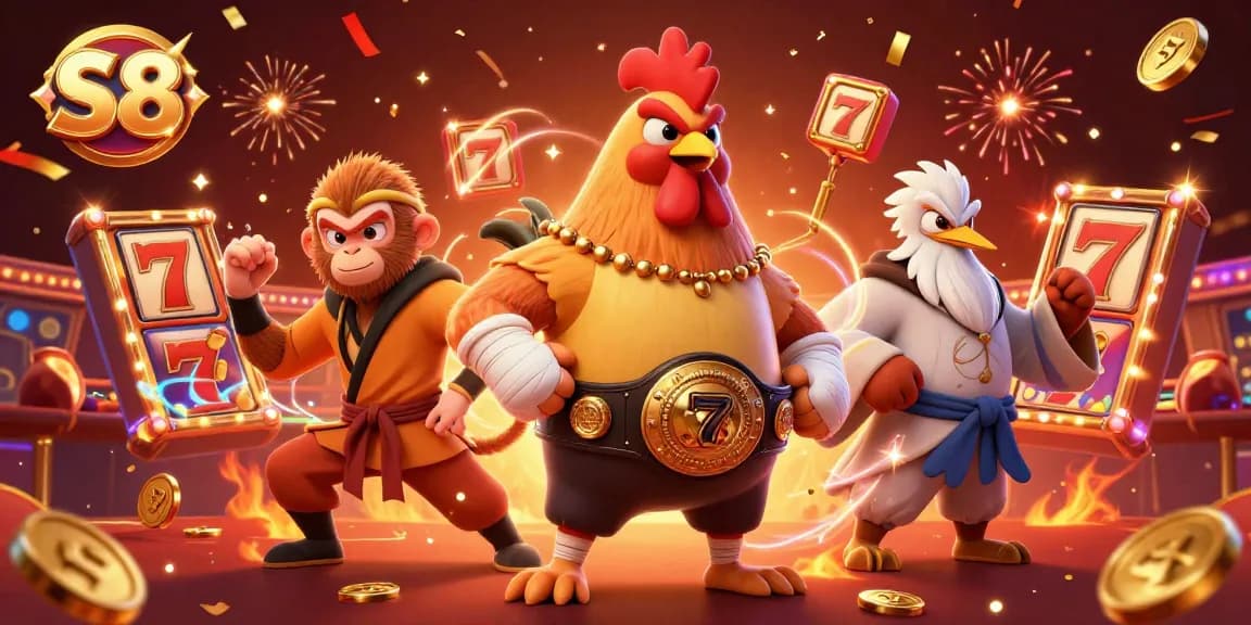 S8 gamblers celebrate big wins amidst vibrant slot reels and festive lights.
