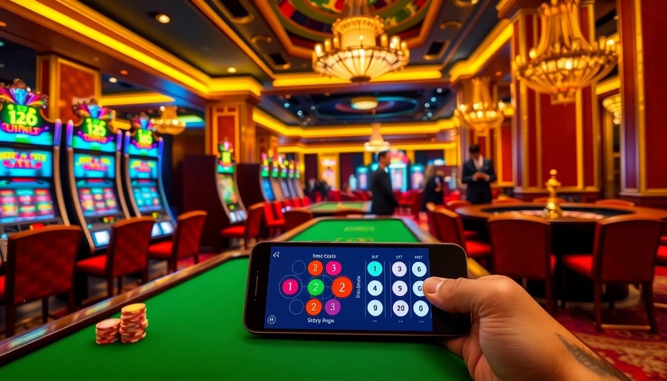 The bdtk1 app interface displayed in a vibrant casino scene with roulette and slot machines.