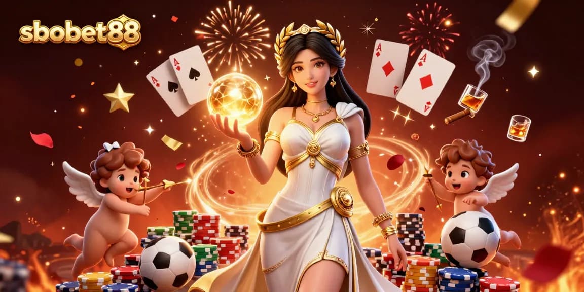 Engage with sbobet88 in a vibrant sports betting scene featuring a goddess and Cupid characters.