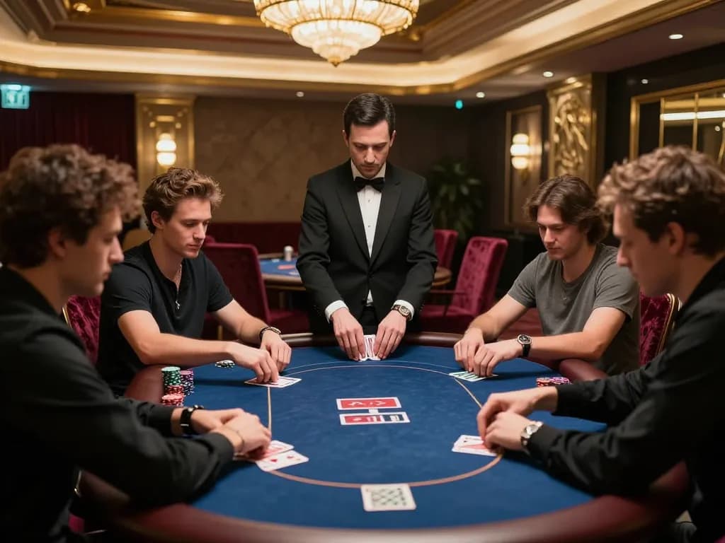 SOC88 players engaging in high-stakes poker game in luxury casino environment.
