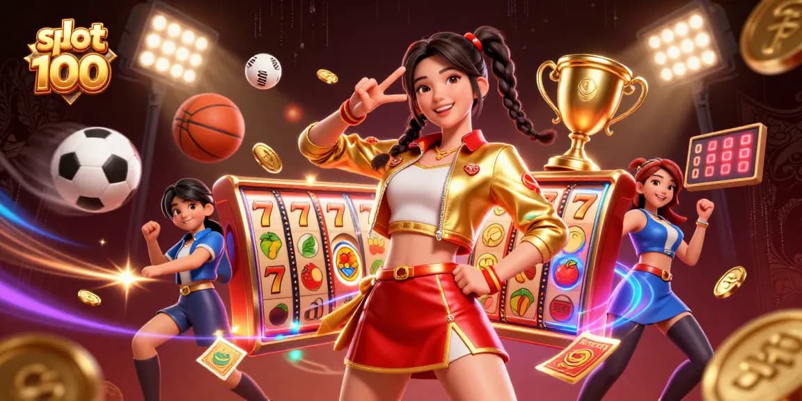 Engage with the excitement of slot bet 100 as an Asian woman playfully poses amidst vibrant slot symbols and colorful casino elements.