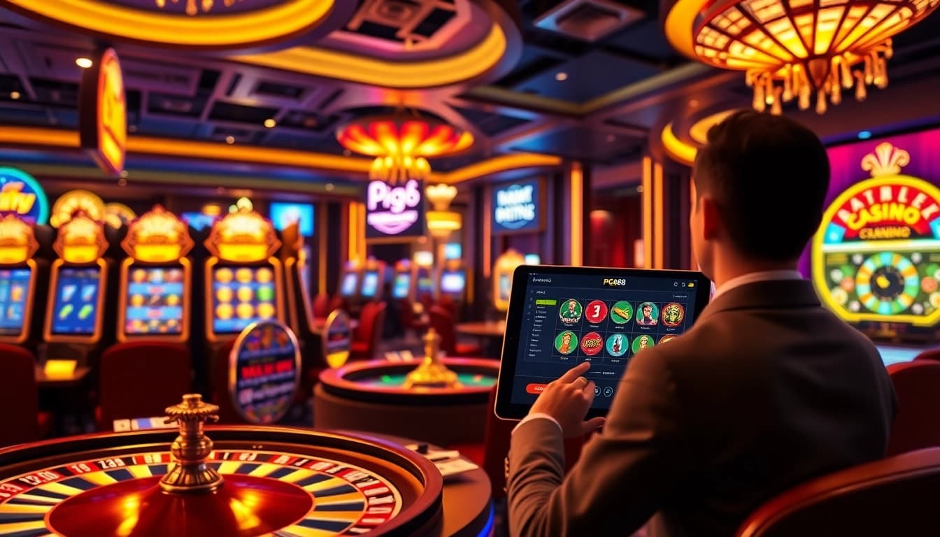 Engaging in online slots with PG88, surrounded by vibrant casino elements.
