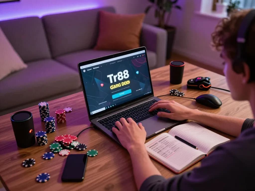 Tr88 đăng nhập as a player enjoys online gaming with strategies and accessories in a cozy home setting.