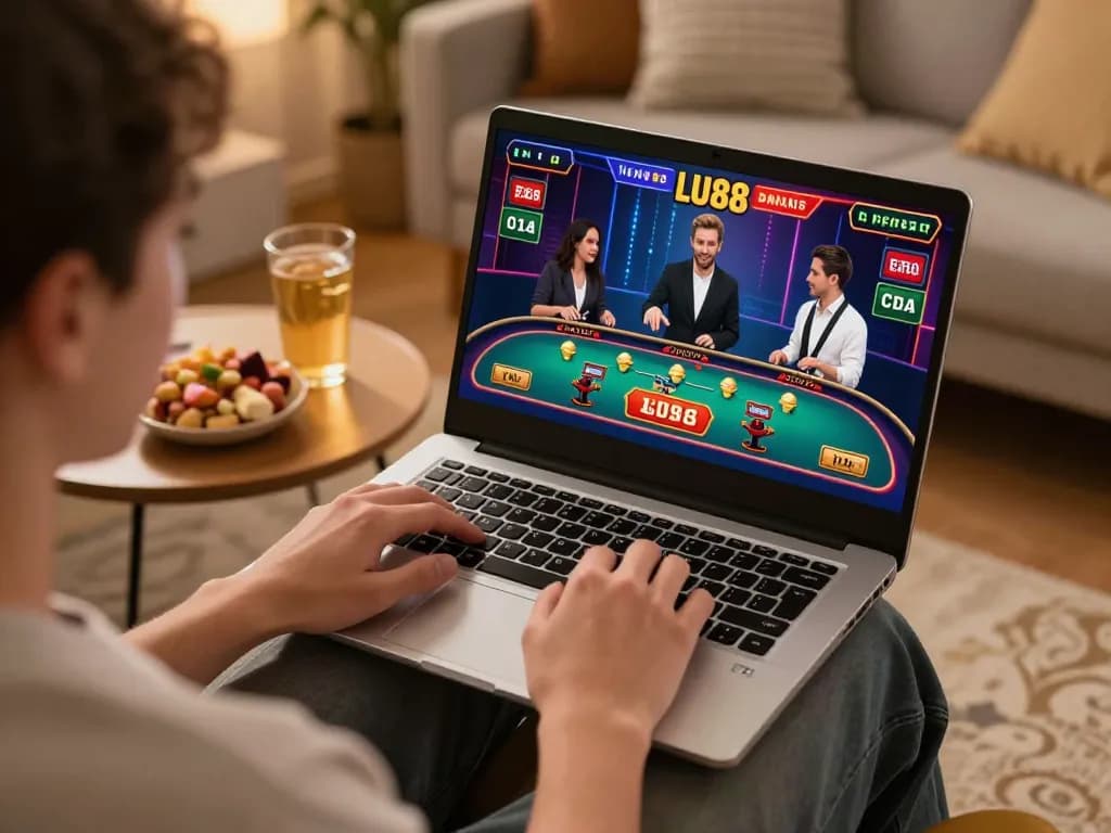 Playing LU88 live dealer games on a laptop with snacks and drinks in a cozy home setting