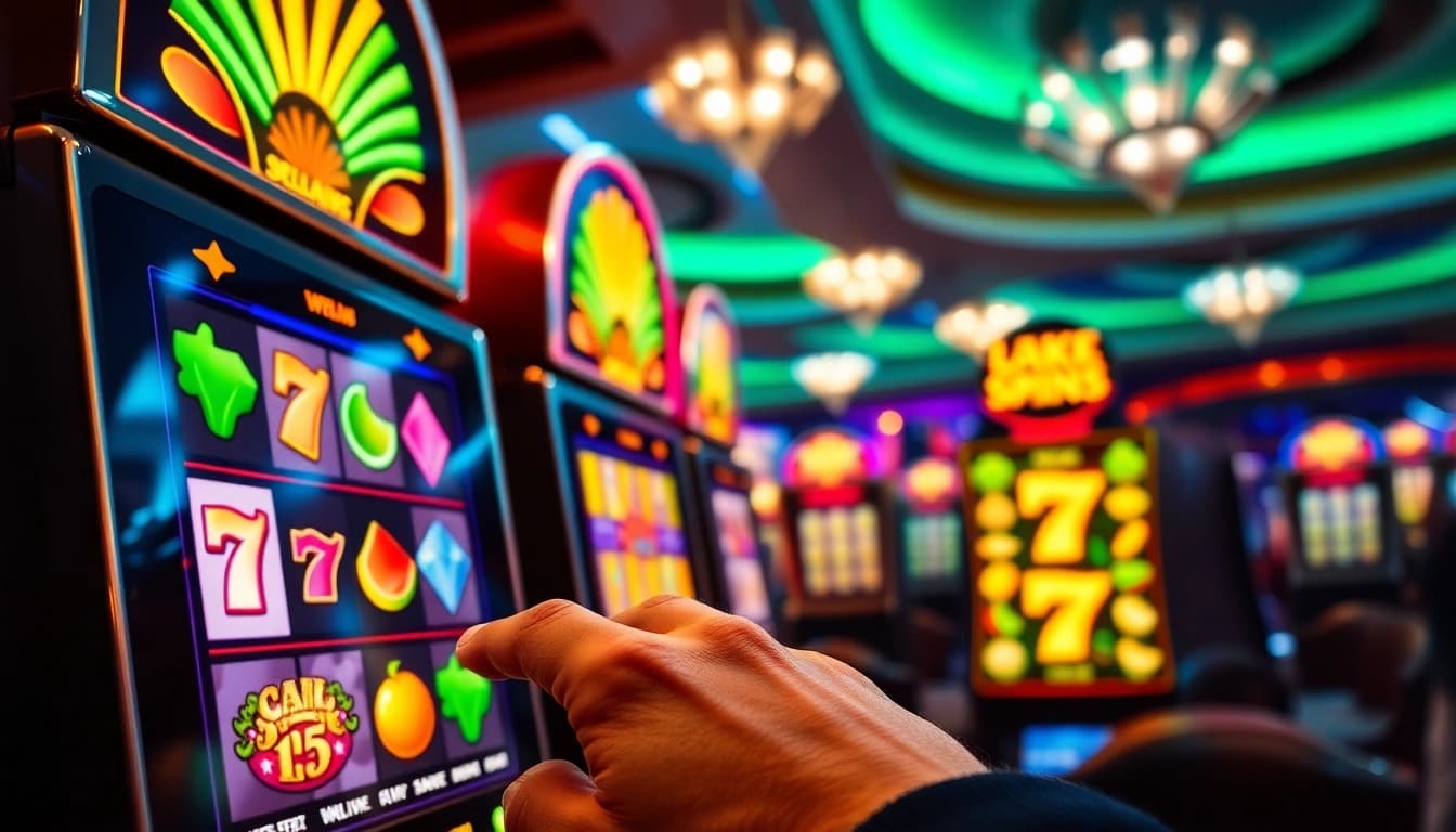 Pemain terlibat dengan mesin slot yang mendebarkan di suasana kasino yang vibrant.