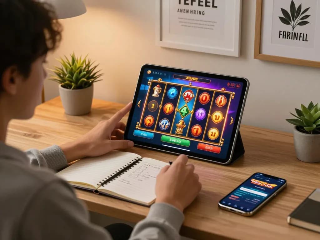 Player engaging with an exciting slot game on a tablet, showcasing vibrant graphics and strategic notes.