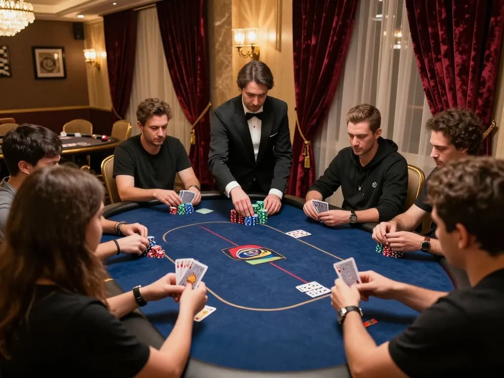 Players strategize in an engaging poker game at a luxurious casino, showcasing tg88 excitement.