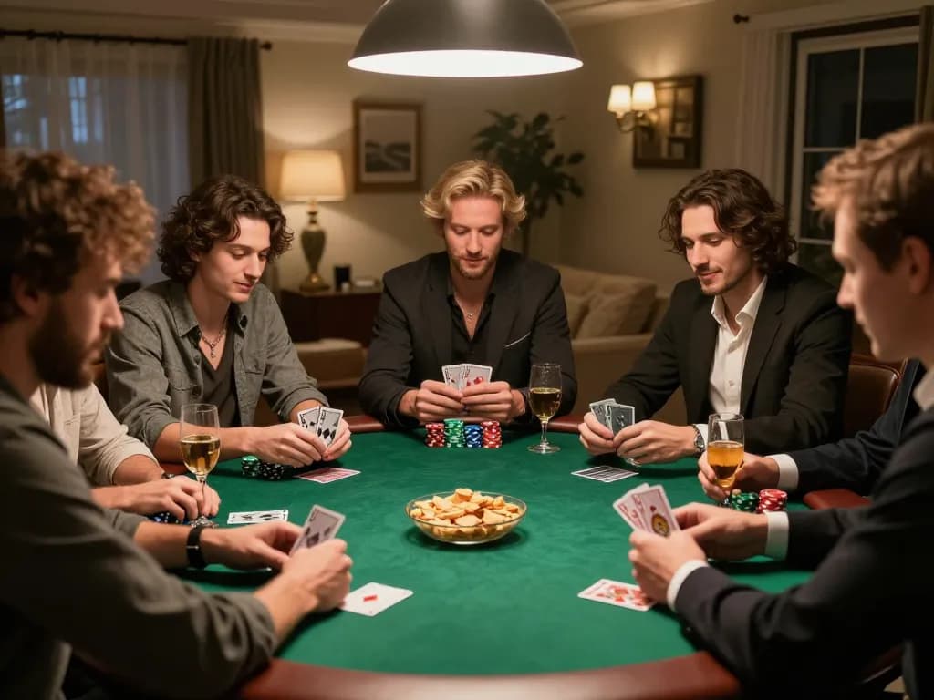 Engaging poker players strategizing their moves at bk8 home game night.