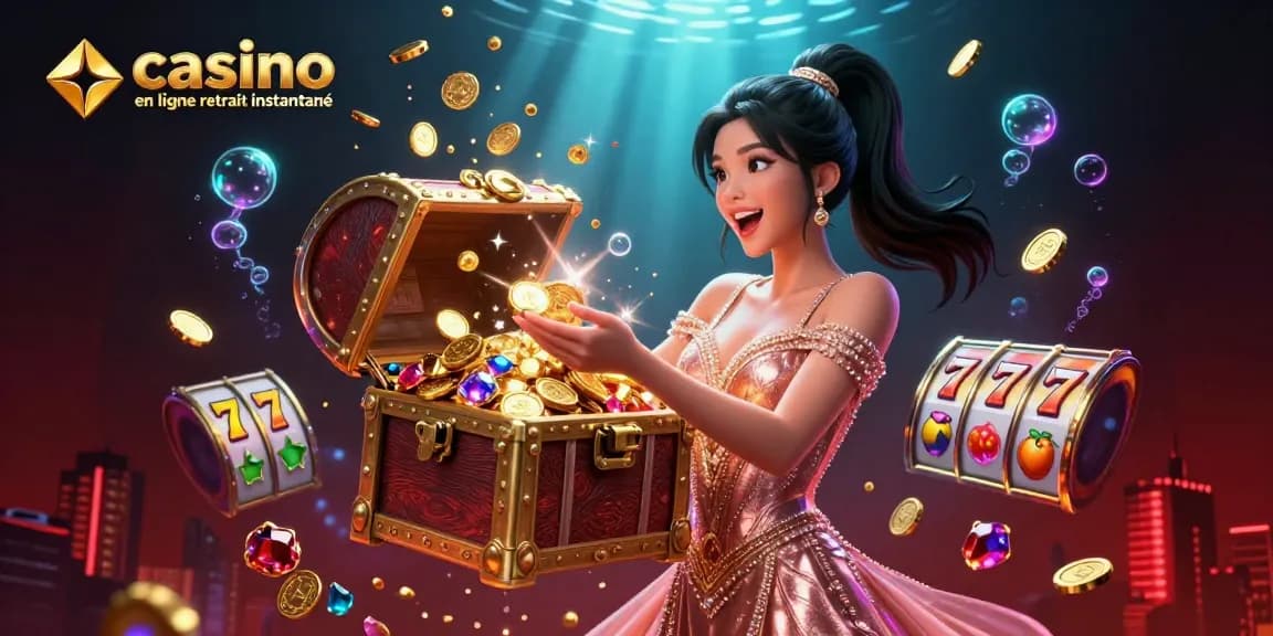 Experience the thrill of winning with casino en ligne retrait instantané featuring a joyful woman and treasures.