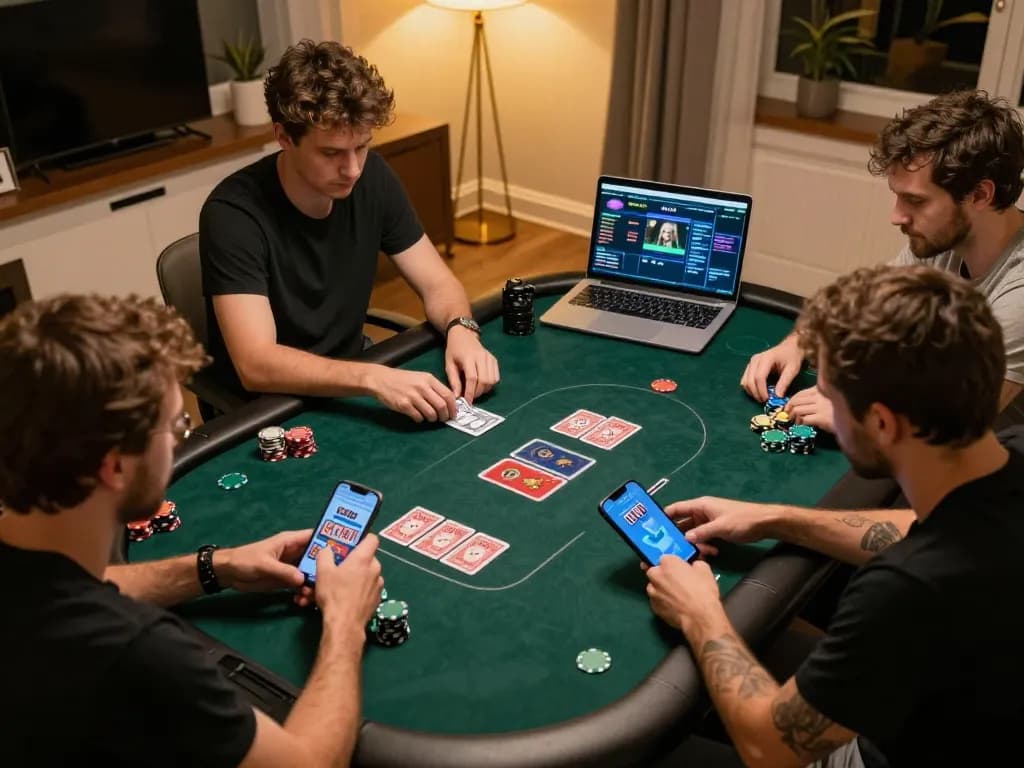Engaged players using 555win app for online poker in a cozy home setting.