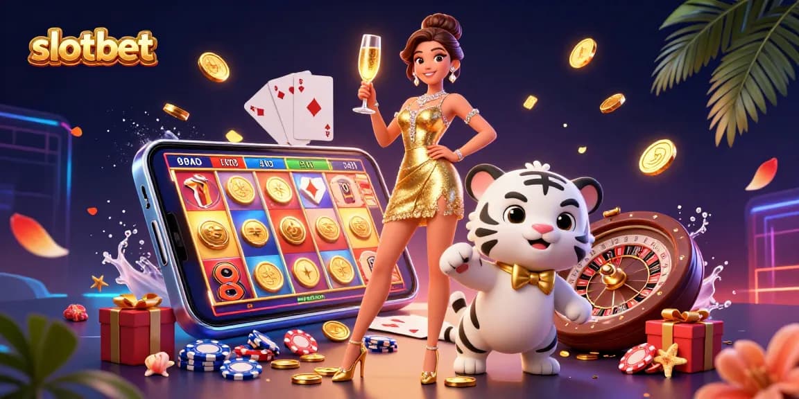 Play exciting games at slotbet with a glamorous woman and a lucky tiger, surrounded by casino elements.