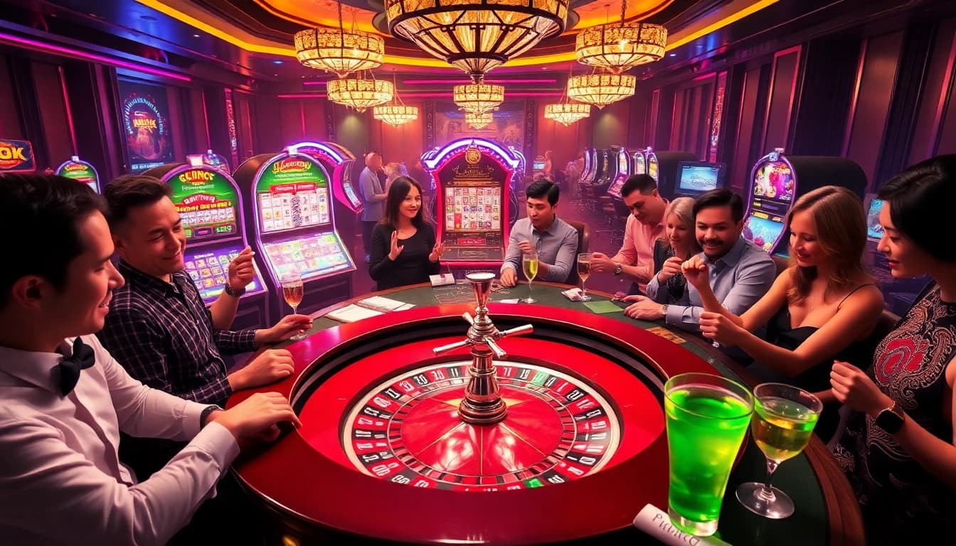 Experience the excitement of lego138 in a dazzling casino environment with players at roulette tables.
