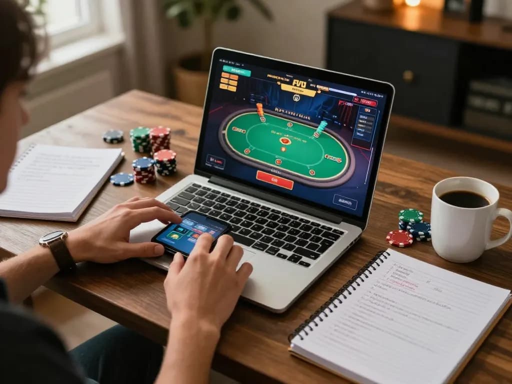 Player engaging in kkwin online casino gameplay, showcasing poker strategies and comfortable gaming setup.