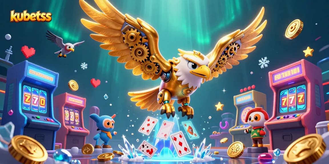 Engage with kubetss by exploring enchanting 3D golden eagle amidst vibrant casino elements, hunting wins.