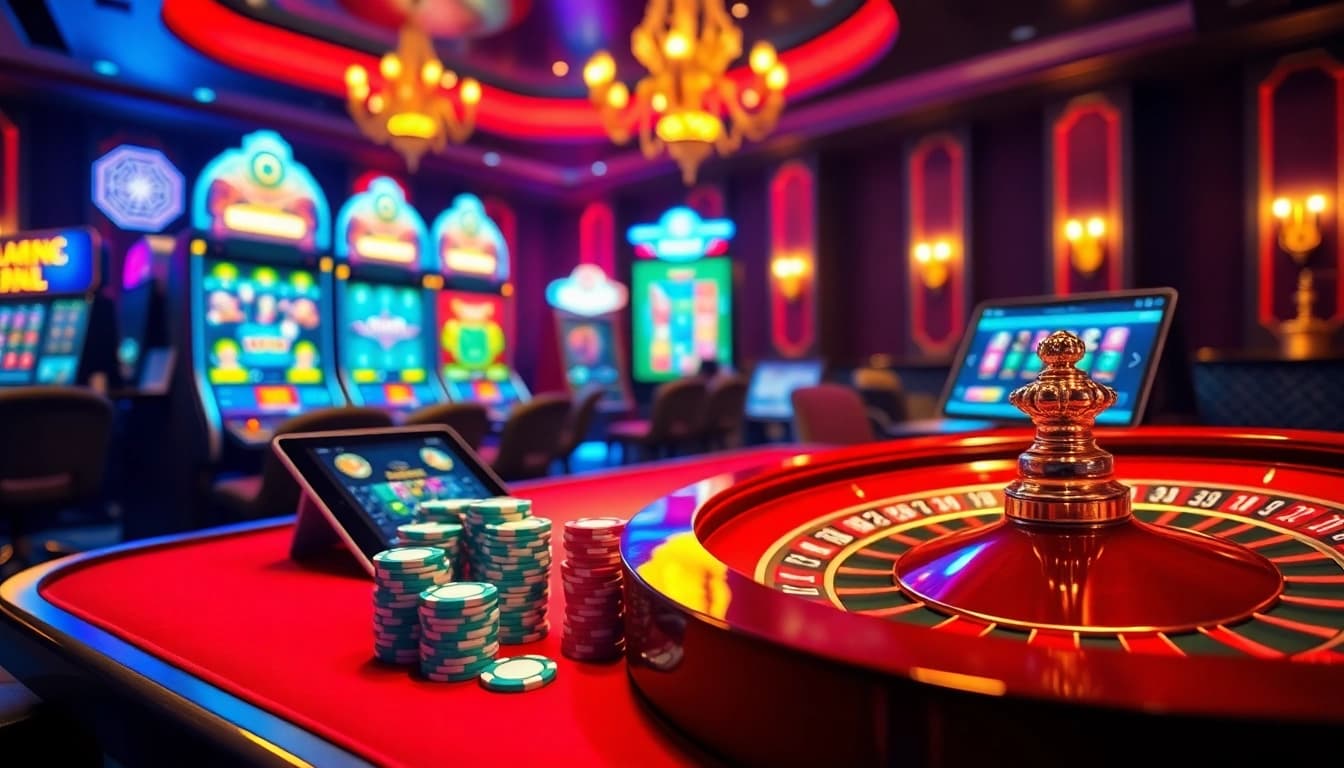 Experience the thrill of gambling at https://nk88.fyi/ with vibrant casino visuals featuring poker chips and slot machines.