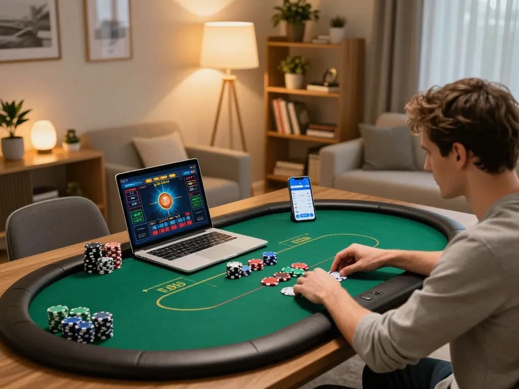 Engaged player using 9bet for online poker in a cozy home office setup.