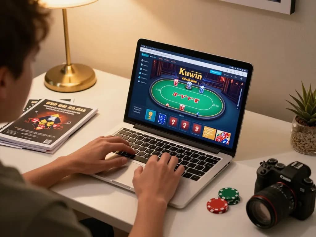 Kuwin player engaged in strategic online poker game on a laptop in a cozy home setting