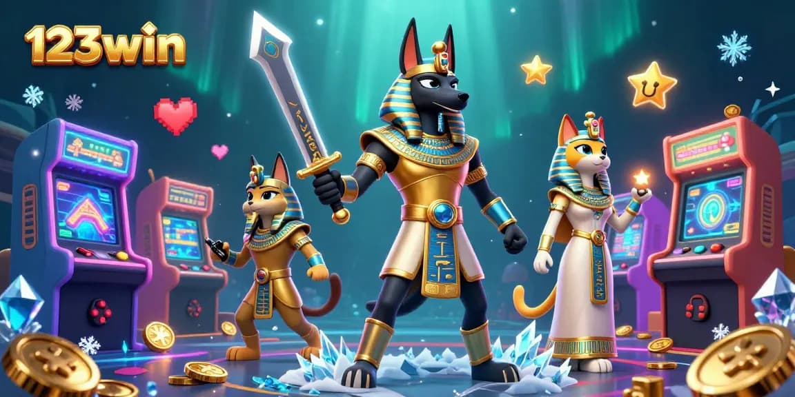 Experience the thrill with 123win's immersive casino gaming atmosphere featuring ancient Egyptian warriors.