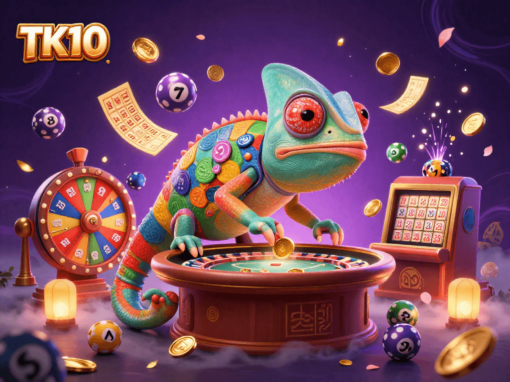 Engaging TK10 gambling illustration showcasing a colorful chameleon and lively casino elements, creating an exciting experience.