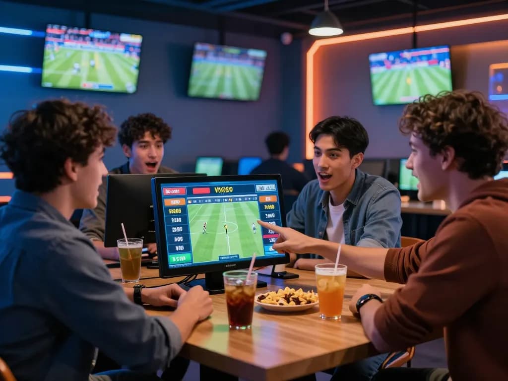 Engaging moment of friends using kèo nhà cái hôm nay Android app for live sports betting during an exciting match