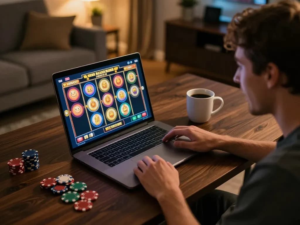 Player engaged with dinamit4d slots on laptop, a vibrant home gaming setup with chips and coffee.