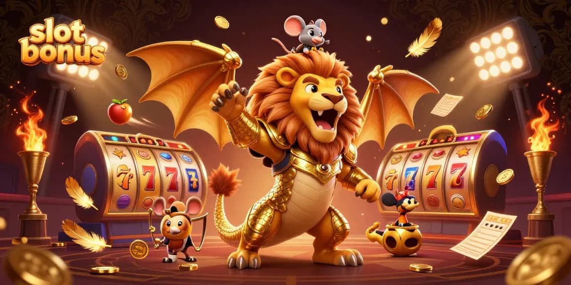 Experience the excitement of slot bonus as a chimera creature roars triumphantly with a mouse jockey amidst flying jackpot reels.