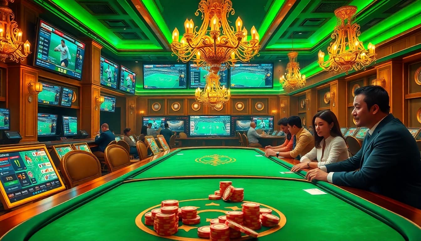 Players engaging in Judi Bola Piala Dunia at a luxurious casino betting area.