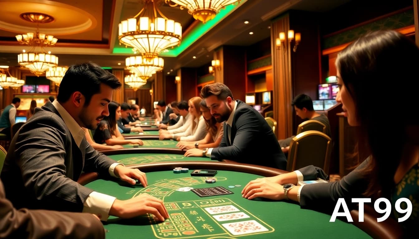 Experience excitement at AT99娛樂 with players at poker tables in a lively casino.