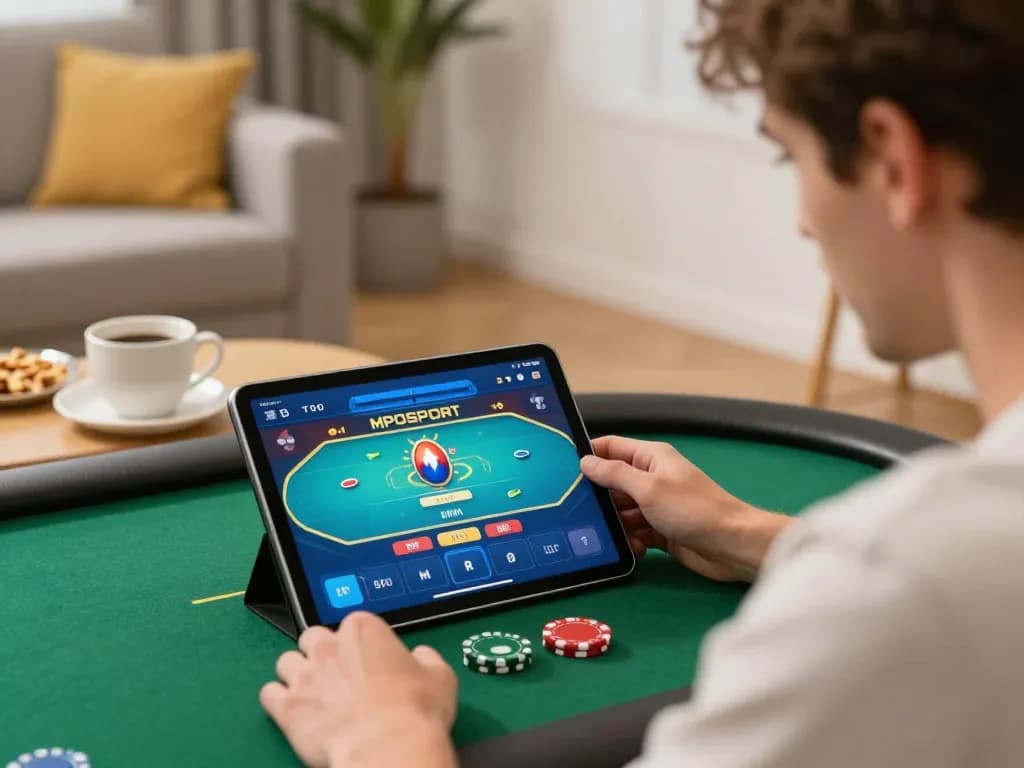 Engaged player enjoying MPOSPORT poker online in a cozy living room atmosphere