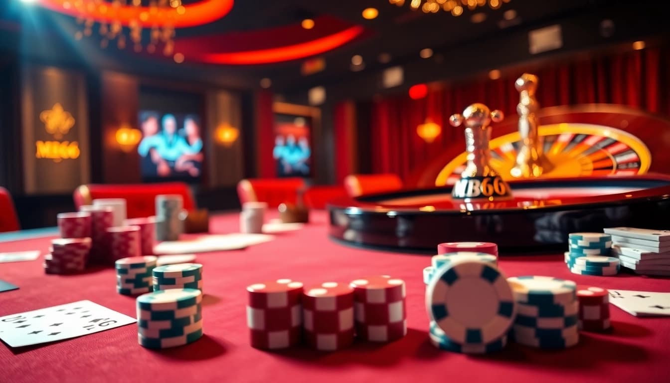 Experience luxury gaming at MB66 with engaging tables filled with cards and chips.