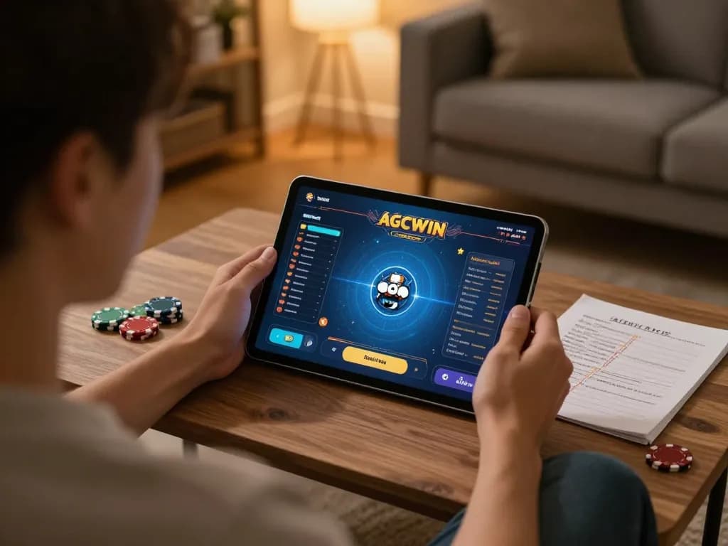 Permainan menarik di aplikasi AGCWIN dalam pengaturan permainan rumahan yang nyaman, menangkap keseruan perjudian online.