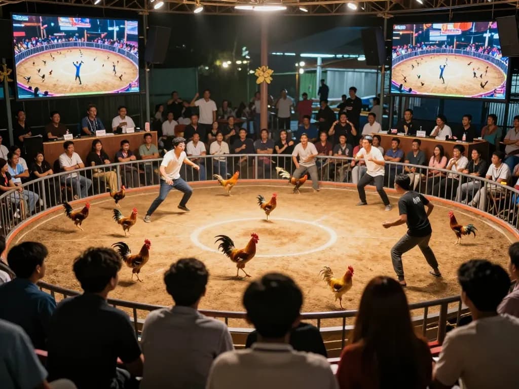 Engaging live cockfighting at Đá Gà Thomo showcasing thrilling matches with dedicated audiences and vibrant action.