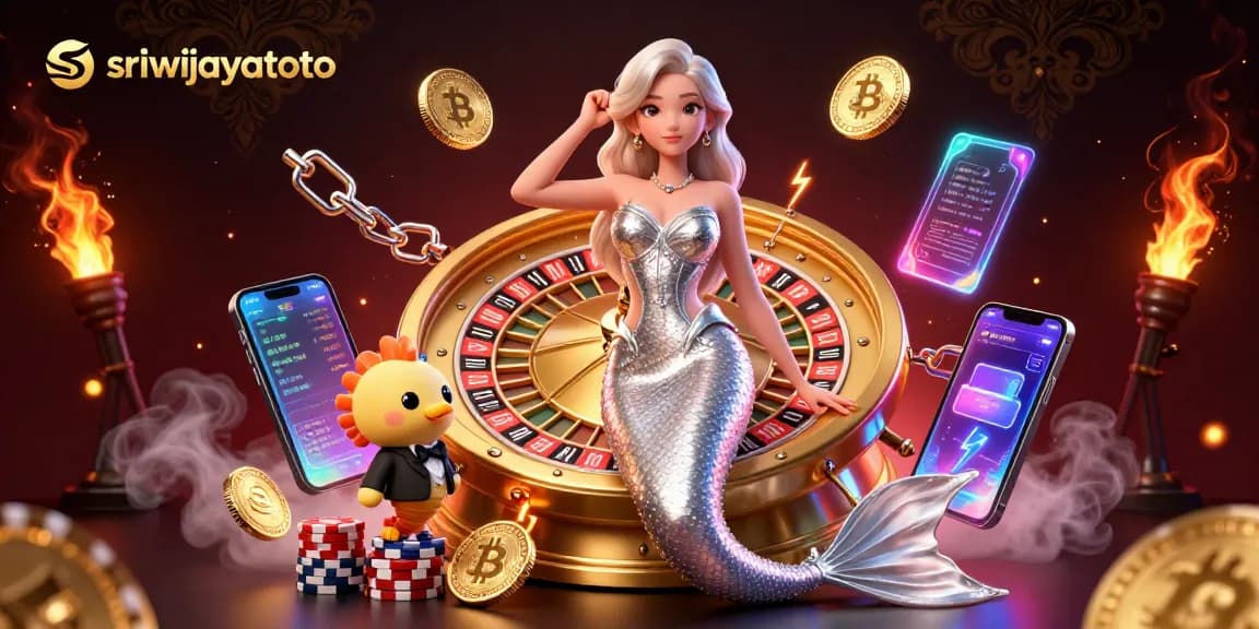 Sriwijayatoto showcases a stunning woman and seahorse in a magical casino scene filled with glowing crypto elements.