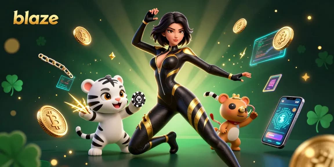 Engage with blaze-inspired 3D animation of a woman, baby tiger, and crypto elements in the casino.